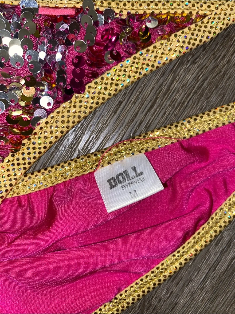 Dollcake Hot Pink Sequin Bikini with Gold Trim
